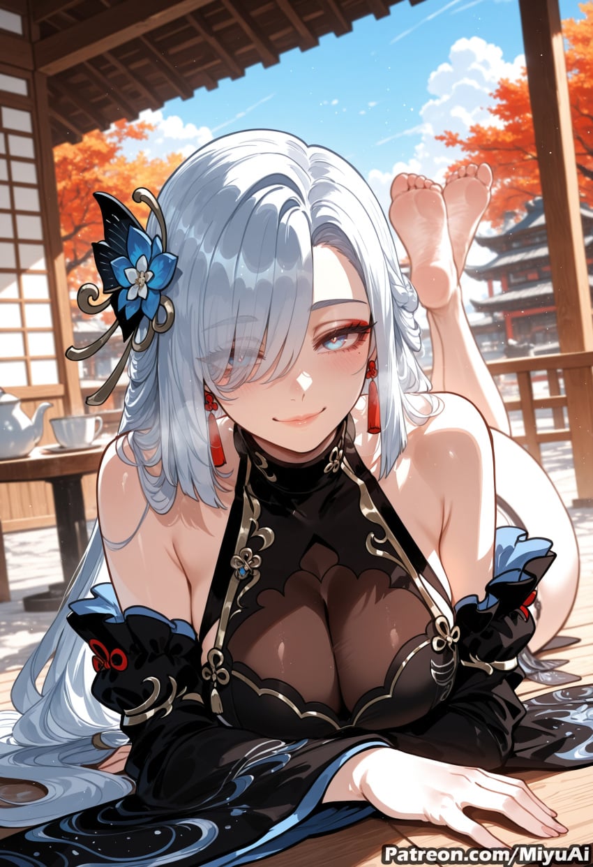 1girl ai_assisted ai_generated bangs bare_shoulders barefoot blue_eyes breasts cleavage closed_mouth cloud curvaceous curvy curvy_female curvy_figure day detached_sleeves dress earrings east_asian_architecture feet feet_up female genshin_impact hair_flower hair_ornament hair_over_one_eye indoors jewelry large_breasts lips long_hair looking_at_viewer lying miyuai on_stomach shenhe_(genshin_impact) silver_hair sky smile solo the_pose thick thick_ass thick_butt thick_hips thick_legs thick_thighs toes voluptuous voluptuous_female watermark wide_hips wide_thighs