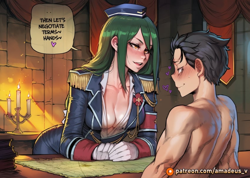 1boy 1girl ai_generated amadeus_v amber_light banner black_eyes black_hair blush candelabra crusch_karsten eye_contact facing_another facing_each_other green_hair long_hair looking_at_another medium_breasts messy_hair military_uniform natsuki_subaru open_mouth re:zero_kara_hajimeru_isekai_seikatsu shirtless sitting_on_table slim standing stone_wall table unbuttoned war white_gloves witch yellow_eyes