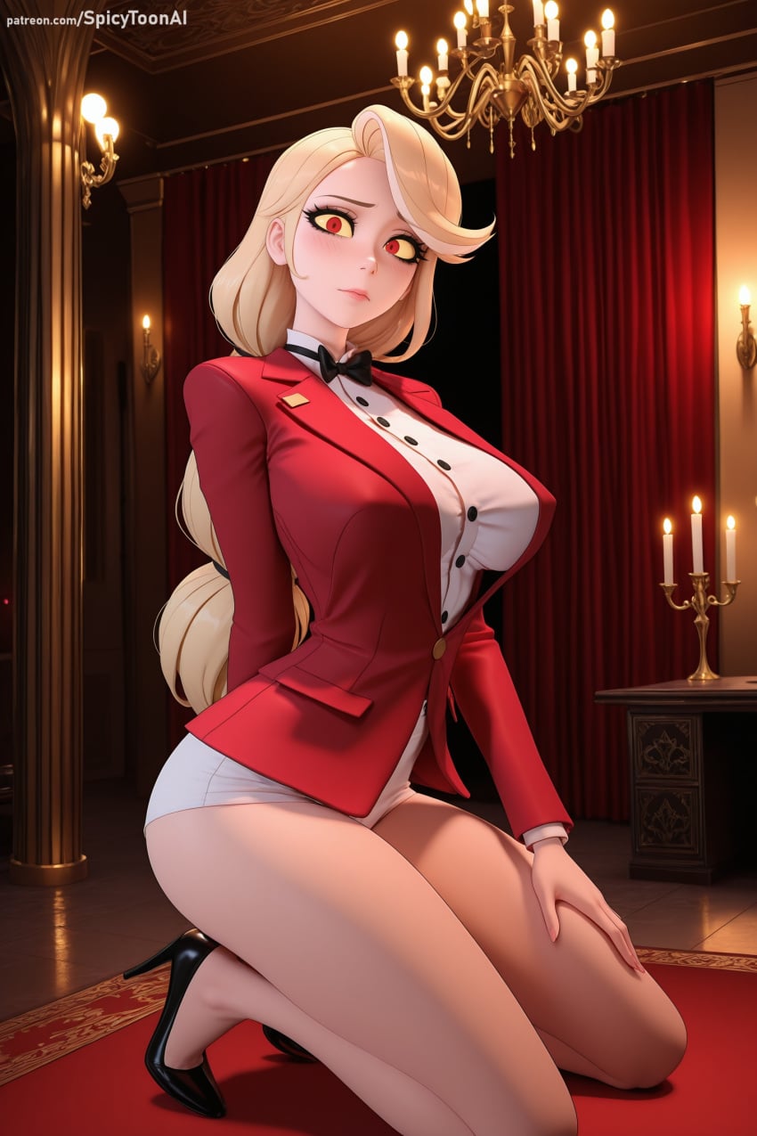 1girl ai_generated blonde_hair bow breasts charlie_morningstar_(hazbin_hotel) hazbin_hotel hi_res high_heels high_quality high_resolution huge_breasts indoors kneeling looking_at_viewer one_knee patreon patreon_username seductive sexy solo spicytoonai uncensored watermark