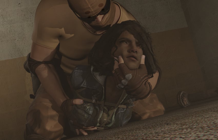 1boy 1boy1girl 1girls 3d 3d_(artwork) 3d_render angry angry_face arms_behind_back arms_tied arms_tied_behind_back bondage bound brown_eyes brown_hair captured captured_heroine clementine_(the_walking_dead) clothed clothing dark-skinned_female dark_skin dubious_consent face_grab female female_focus fondling fondling_breast fully_clothed hand_on_head hi_res high_resolution highres jacket light-skinned_male light_skin looking_back male male/female mask masked masked_male medium_hair non_nude restrained rope rope_bondage rough the_walking_dead the_walking_dead_game tied_up