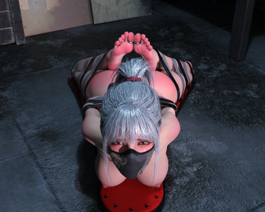 1girl 3d abandoned arms_behind_back ass bad_end barefoot basement bdsm_gear black_toenails blushing bondage boobs bound bound_ankles bound_arms bound_feet bound_legs bound_toes breasts captive captured captured_heroine collar crying crying_with_eyes_open curled_toes fear feet female female_only floor frogtie gag gagged gray_hair helpless hogtie hostage indoors kidnapped laying_on_stomach leather_cuffs looking_at_viewer mask naked naked_female nude nude_female original original_character predicament predicament_bondage restrained restraints scared scared_expression soles stationary_restraints strawww submissive submissive_female tape tape_mittens tied_toes toe_ring toe_tied toes toetied torture white_hair worried