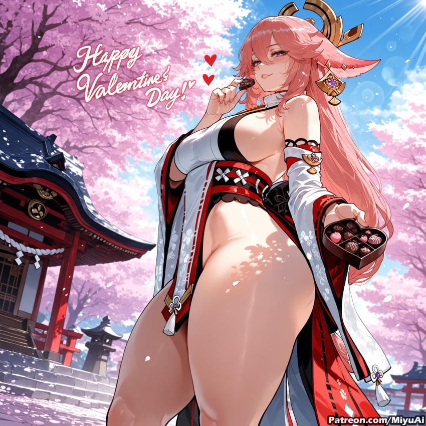 1girl ai_assisted ai_generated animal_ears ass bangs bare_shoulders blue_sky blush box breasts cherry_blossoms chocolate curvaceous curvy curvy_female curvy_figure day eyebrows_visible_through_hair female fox_ears genshin_impact hair_between_eyes hair_ornament heart heart-shaped_box holding huge_breasts japanese_clothes kimono large_breasts long_hair looking_at_viewer miyuai no_panties obi outdoors petals pink_hair purple_eyes rope sash sideboob sky smile solo thick thick_ass thick_butt thick_hips thick_legs thick_thighs thighs tree valentine very_long_hair voluptuous voluptuous_female wide_hips wide_sleeves wide_thighs yae_miko yae_sakura