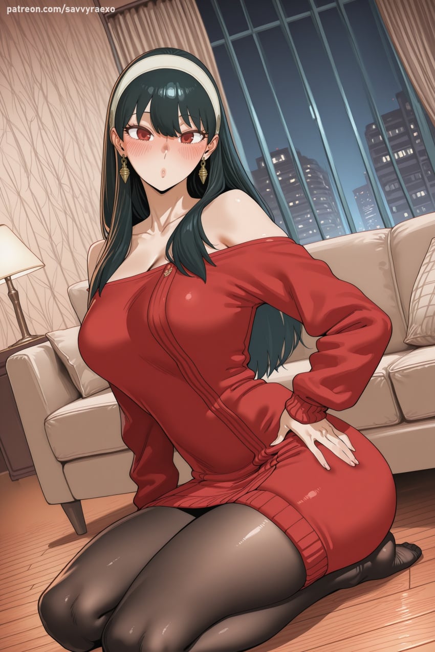 1girl ai_generated bangs bare_shoulders black_hair black_legwear blush breasts dress earrings hairband hand_on_hip hi_res high_quality high_resolution indoors jewelry large_breasts long_hair long_sleeves looking_at_viewer no_shoes pantyhose patreon red_eyes savvyraexo seductive seiza sexy sitting solo spy_x_family uncensored watermark wooden_floor yor_briar