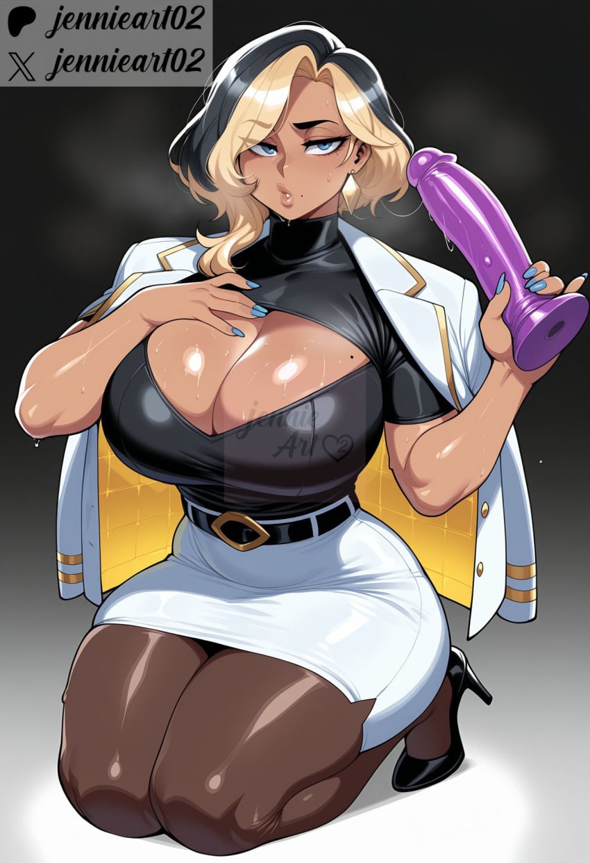 1girl ai_generated aqua_nails artist_name belt black_belt black_footwear black_hair black_pantyhose black_shirt blonde_hair blue_eyes blue_nails breasts brown_pantyhose cleavage cleavage_cutout clothing clothing_cutout curvy dark-skinned_female dark_skin dildo domina earrings female fingernails footwear full_body gradient_background hand_on_own_chest high-waist_skirt high_heels holding holding_sex_toy huge_breasts huge_dildo jacket jacket_on_shoulders jennieart02 jewelry kneeling large_breasts looking_at_viewer makeup mature_female miniskirt mole mole_on_breast mole_under_mouth multicolored_clothes multicolored_hair multicolored_jacket nail_polish office_lady pantyhose parted_lips patreon patreon_logo patreon_username pencil_skirt puckered_lips seiza sex_toy shirt shirt_tucked_in shoes short_hair short_sleeves sitting skirt solo sweat thick_thighs thighs triangle_earrings turtleneck twitter twitter_username two-tone_hair watermark white_jacket white_skirt