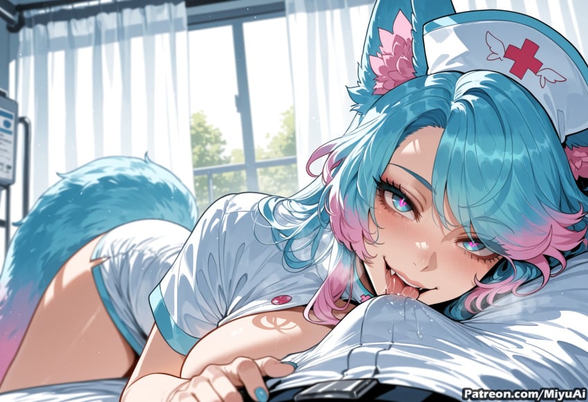 1girl ai_assisted ai_generated animal_ears bangs blue_eyes blue_hair blush breasts curtains curvaceous curvy curvy_female curvy_figure day eyebrows_visible_through_hair fangs female hair_ornament hat heart heart-shaped_pupils hospital_bed indoors large_breasts looking_at_viewer lying miyuai multicolored_hair nail_polish nurse nurse_cap on_bed on_stomach pink_hair ring silvervale solo solo_focus symbol-shaped_pupils tail thick thick_ass thick_butt thick_hips thick_legs thick_thighs tongue tongue_out virtual_youtuber voluptuous voluptuous_female vtuber wide_hips wide_thighs window