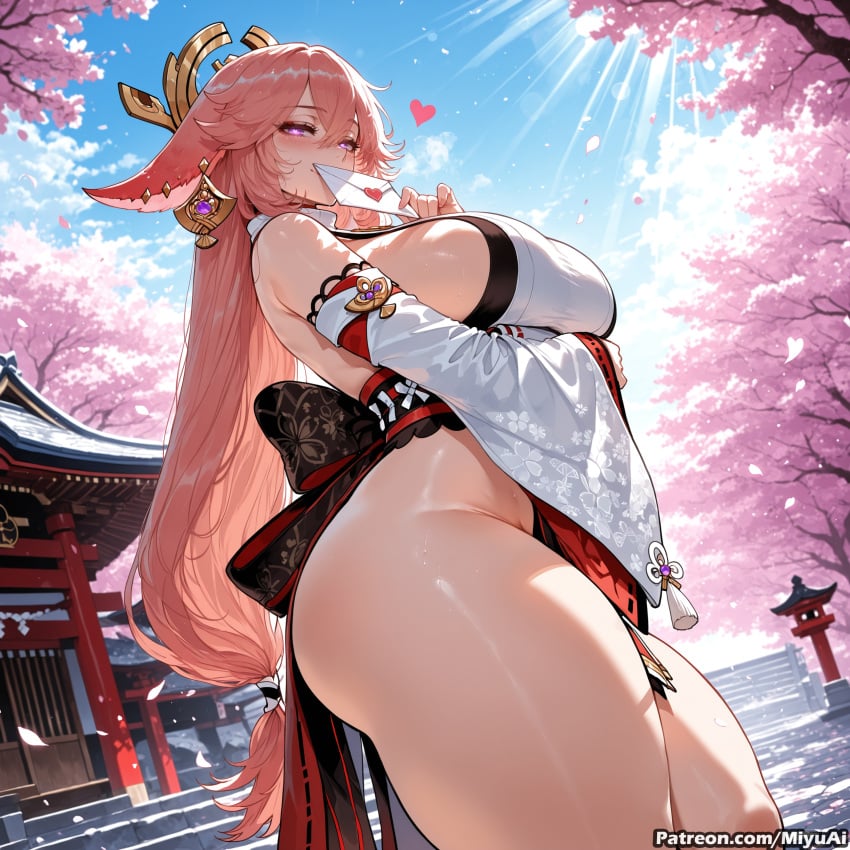 1girl ai_assisted ai_generated architecture ass bangs bare_shoulders blue_sky blush breasts bridge cherry_blossoms curvaceous curvy curvy_female curvy_figure day detached_sleeves dress east_asian_architecture eyebrows_visible_through_hair fan female folding_fan fox_ears genshin_impact hair_between_eyes hair_ornament huge_breasts japanese_clothes long_hair looking_at_viewer low-tied_long_hair miyuai no_panties outdoors petals pink_hair purple_eyes sash sky smile solo spring_(season) symbol-shaped_pupils thick thick_ass thick_butt thick_hips thick_legs thick_thighs thighs tree tree_branch very_long_hair voluptuous voluptuous_female water watermark wide_hips wide_sleeves wide_thighs yae_miko yae_sakura