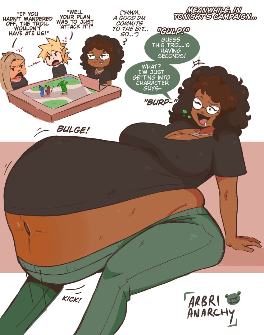 arbrianarchy big_breasts bulge bulging_belly burp burping commission dark-skinned_female dark_skin english_dialogue english_text glasses oc original_character tagme vore vore_belly