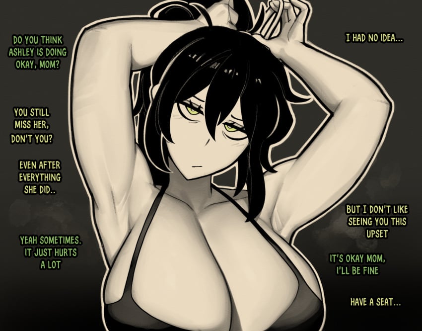 1girls andrew_graves armpits arms_behind_head big_breasts black_hair busty cathriellrue green_eyes incest large_breasts renee_graves tagme text the_coffin_of_andrew_and_renee the_coffin_of_andy_and_leyley uniimom