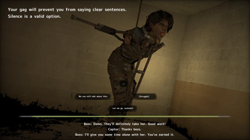 1girls 3d 3d_(artwork) 3d_render angry angry_face arms_behind_back arms_tied arms_tied_behind_back ball_gag bondage bondage_gear bondage_harness bound brown_eyes brown_hair captured captured_heroine clementine_(the_walking_dead) clothed clothing crutch dark-skinned_female dark_skin english english_text female female_focus female_only fully_clothed gag gagged hanging_from_ceiling hi_res high_resolution highres medium_hair non_nude restrained rope rope_bondage text the_walking_dead the_walking_dead_game tied_up