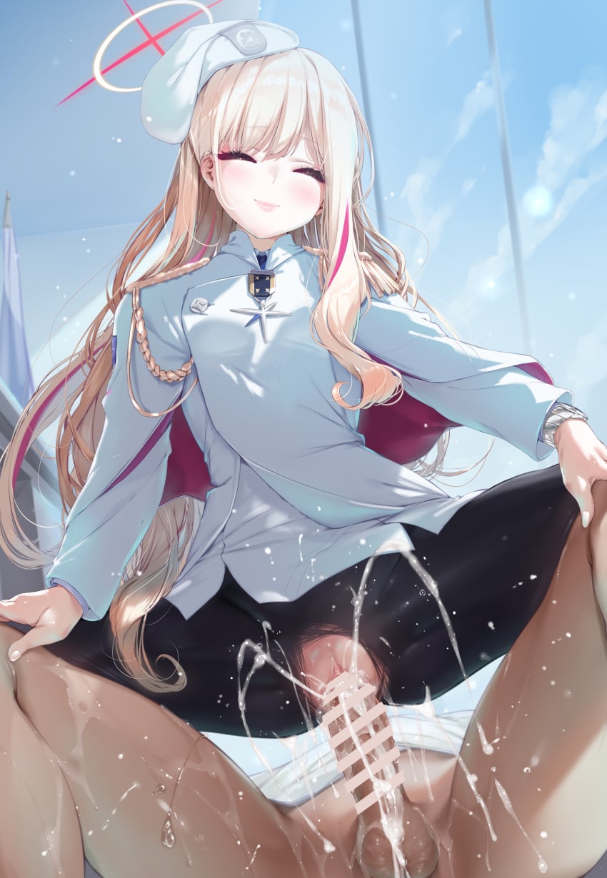 1boy 1girl absurdres aiguillette bar_censor beret black_pantyhose blonde_hair blonde_student_council_president_(blue_archive) blue_archive blush breasts censored closed_eyes closed_mouth commentary_request cum cum_in_pussy cum_overflow epaulettes halo hands_on_another's_knees hat highres indoors long_hair looking_at_viewer medal multicolored_hair multicolored_halo nironiro pantyhose penis pink_halo pink_streaks purple_eyes reverse_squatting_cowgirl_position sex shirt shoulder_strap single_epaulette small_breasts squatting straddling streaked_hair testicles torn_clothes torn_pantyhose two-tone_halo vaginal variant_set watch white_hat white_shirt yellow_halo