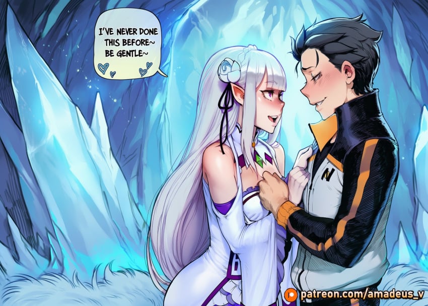 1boy 1girl ai_generated amadeus_v bed black_eyes black_hair blush cool_lighting cowboy_shot crystal emilia_(re:zero) eye_contact facing_another facing_each_other flower_hairpin frost ice_crystal long_hair looking_at_another medium_breasts messy_hair natsuki_subaru open_mouth pointed_ears purple_dress purple_eyes re:zero_kara_hajimeru_isekai_seikatsu silver_hair smile standing wide_hips witch