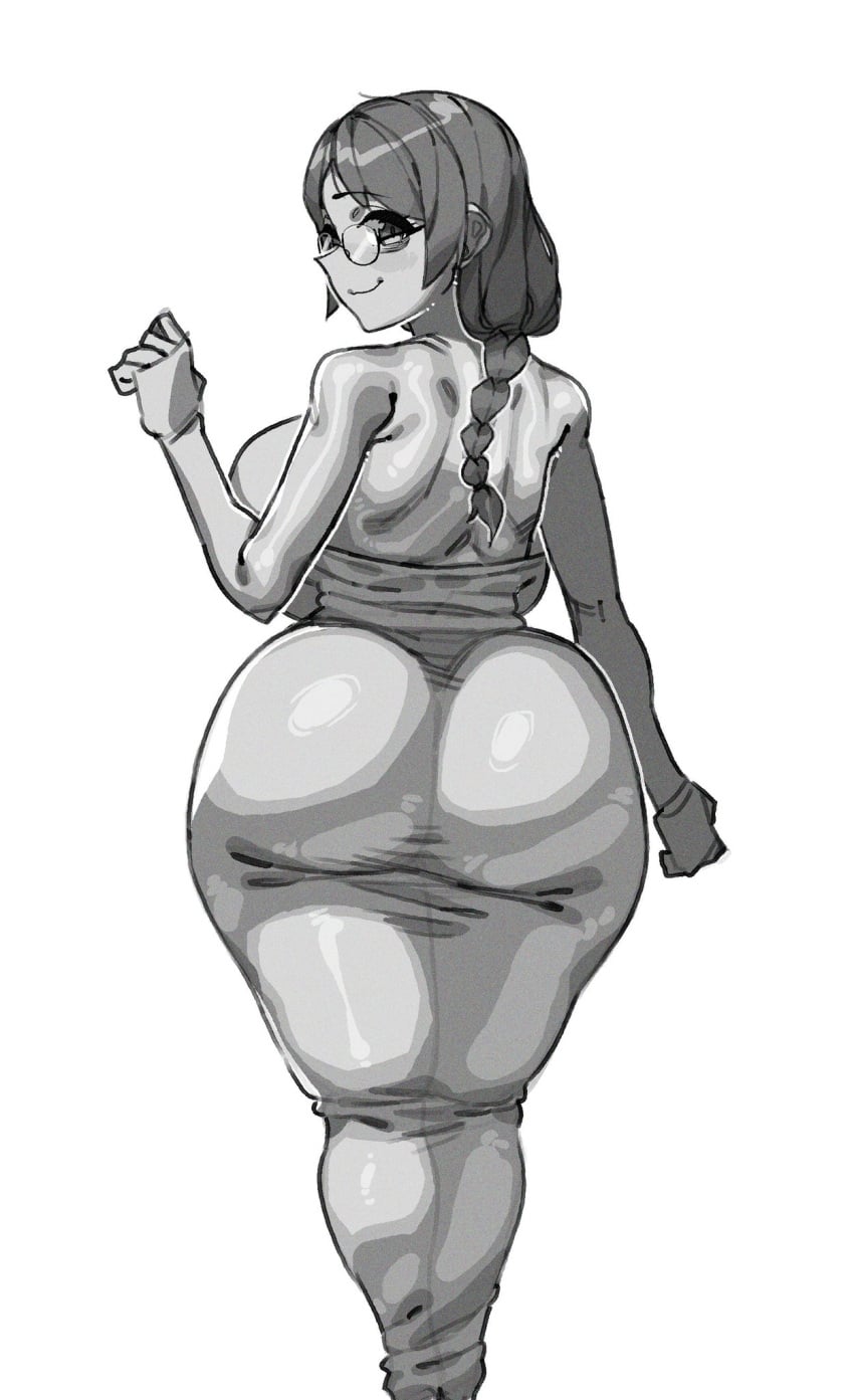 dress glasses hanekawa_tsubasa huge_ass huge_breasts looking_at_viewer looking_back makinakid monogatari_(series) smile tight_clothing