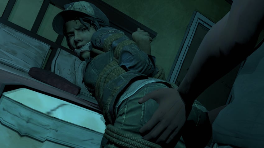 1boy 1boy1girl 1girls 3d 3d_(artwork) 3d_render angry angry_face ankles_tied arms_behind_back arms_tied arms_tied_behind_back ass ass_focus baseball_cap bed bed_sheet bedroom bondage bound brown_eyes brown_hair captured captured_heroine clementine_(the_walking_dead) cloth_gag clothed clothing dark-skinned_female dark-skinned_male dark_skin dubious_consent female female_focus fully_clothed gag gagged groping groping_ass groping_from_behind hat headwear hi_res high_resolution highres jacket looking_back male male/female medium_hair non_nude restrained rope rope_bondage the_walking_dead the_walking_dead_game tied_up