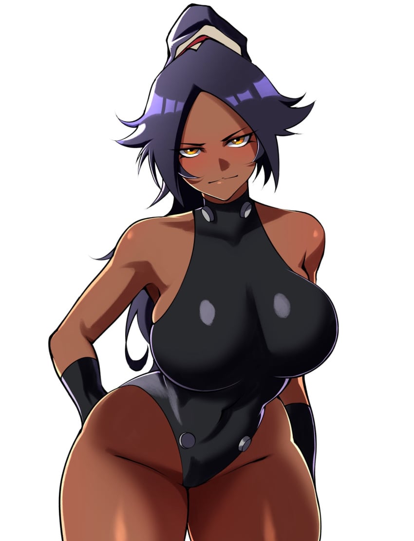 1girls amber_eyes armwear big_breasts black_leotard bleach breasts dark-skinned_female dark_skin female female_focus female_only leotard looking_at_viewer ponytail purple_hair sengaki shihouin_yoruichi white_background