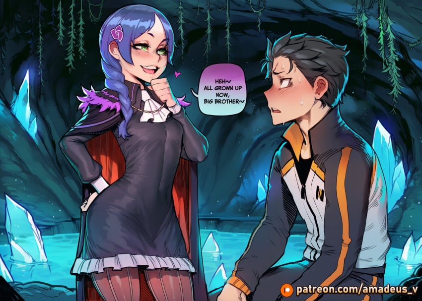 1boy 1girl ai_generated amadeus_v black_eyes black_hair blue_eyes blue_light blush cowboy_shot dress eye_contact facing_another facing_each_other glowing_crystal grin hanging long_hair looking_at_another mature_female meili_portroute messy_hair moonlit natsuki_subaru open_mouth re:zero_kara_hajimeru_isekai_seikatsu side_ponytail standing teal_hair underground wary witch