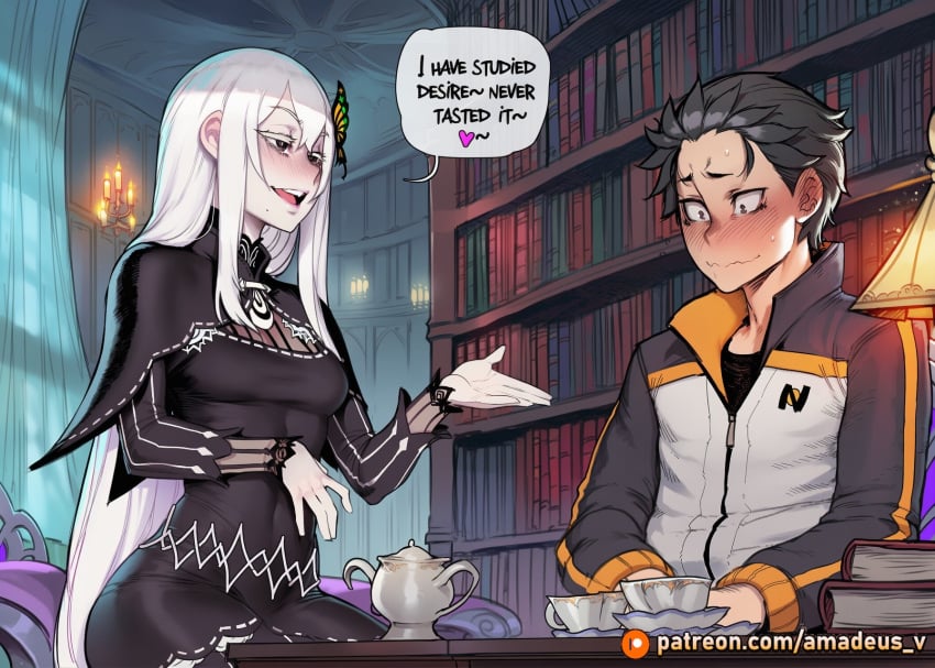 1boy 1girl ai_generated amadeus_v black_eyes black_hair blush candelabra cowboy_shot curious echidna_(re:zero) eye_contact facing_another facing_each_other floating_book library looking_at_another messy_hair mole_under_eye natsuki_subaru nervous open_mouth pale_skin re:zero_kara_hajimeru_isekai_seikatsu standing tea_set very_long_hair white_dress white_hair witch