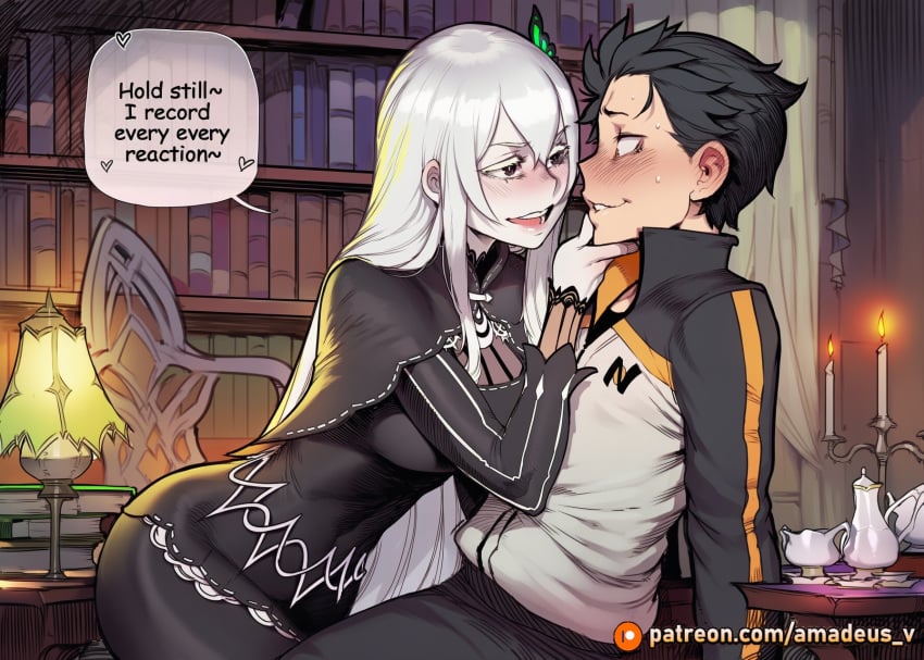1boy 1girl ai_generated amadeus_v black_eyes black_hair blush candelabra echidna_(re:zero) eye_contact facing_another facing_each_other floating_book from_side jaw leaning leaning_forward library looking_at_another messy_hair mole_under_eye natsuki_subaru open_mouth pale_skin re:zero_kara_hajimeru_isekai_seikatsu smile tea_set very_long_hair white_dress white_hair witch