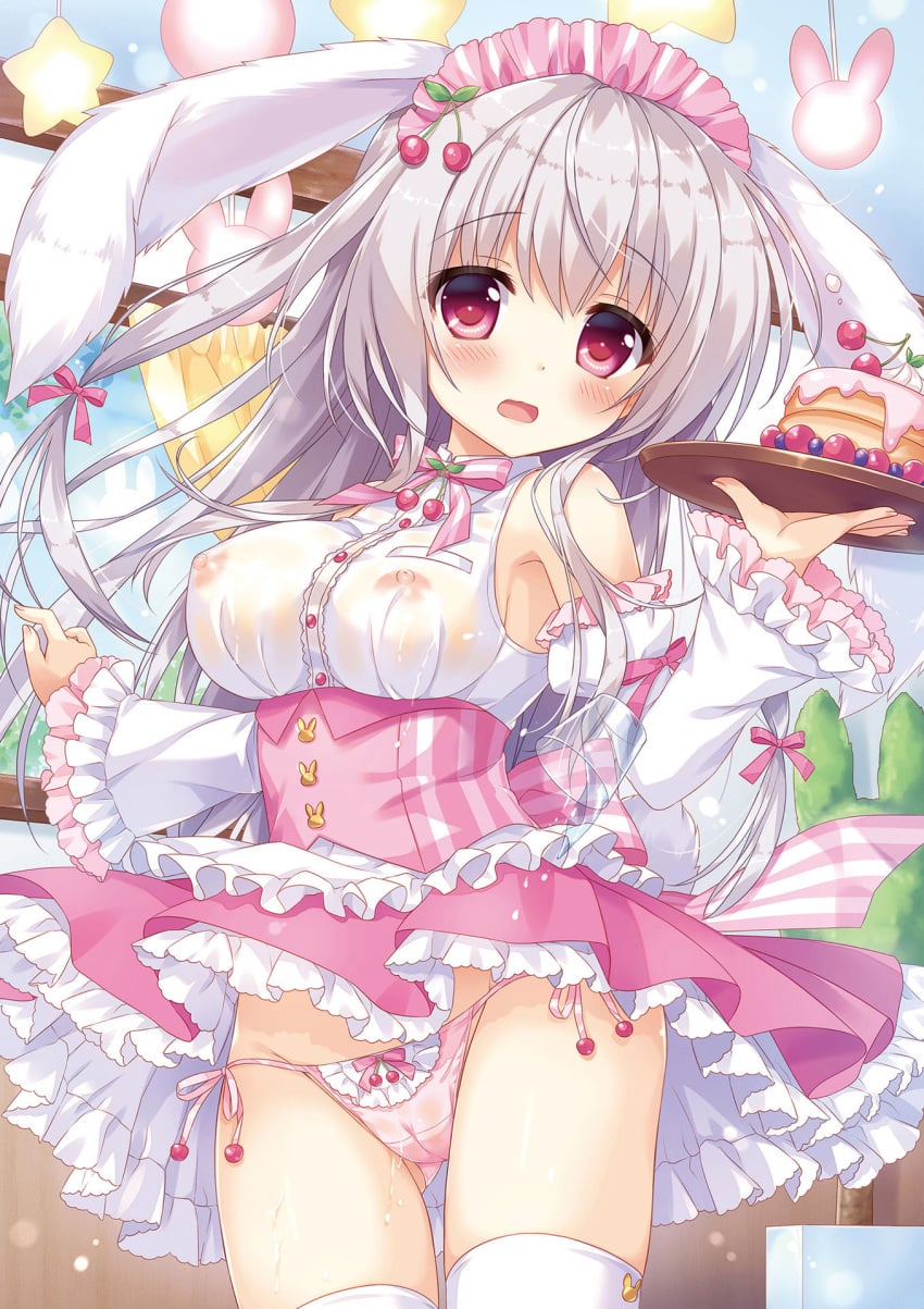 1girl ameto_yuki ass_visible_through_thighs blush bow_panties breasts bunny_ears frilled_skirt frills hair_ornament highres large_breasts maid maid_apron maid_headdress maid_outfit maid_uniform nipples nipples_visible_through_clothing original pancake panties rabbit_ears rabbit_girl ribbon_panties see-through see-through_clothing see-through_shirt shirt side-tie_panties skirt skirt_lift small_but_busty thighhighs underwear wet wet_shirt white_hair