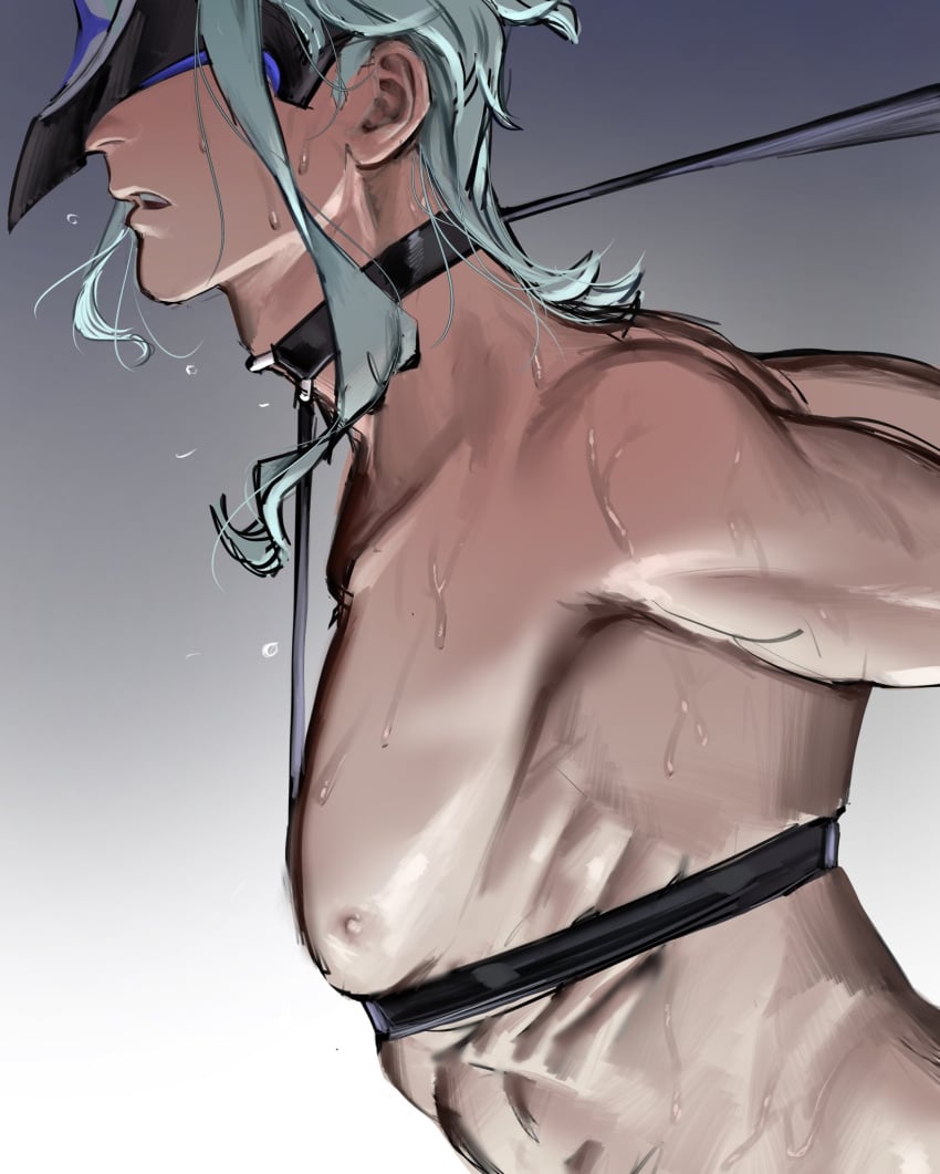 blush collar dottore_(genshin_impact) genshin_impact harness mask masked_male shirtless_male solo solo_focus solo_male sweat tugging_leash