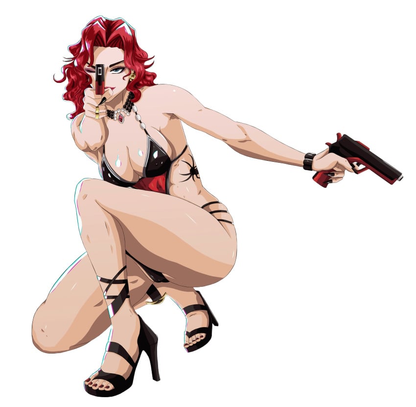 1girls big_ass big_breasts black_widow_(aquatic_assassin) black_widow_(marvel) black_widow_(marvel_rivals) female female_only gun kneeling marvel marvel_rivals thick_thighs