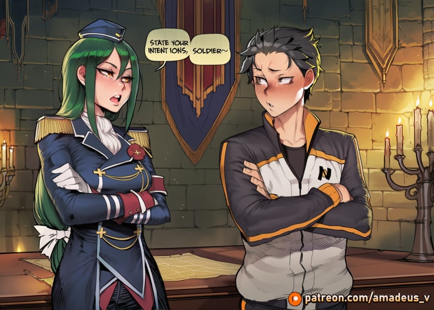 1boy 1girl ai_generated amadeus_v amber_light arms_crossed banner black_eyes black_hair blush candelabra cowboy_shot crusch_karsten eye_contact facing_another facing_each_other green_hair long_hair looking_at_another medium_breasts messy_hair military_uniform natsuki_subaru open_mouth re:zero_kara_hajimeru_isekai_seikatsu slim standing stone_wall table war white_gloves witch yellow_eyes