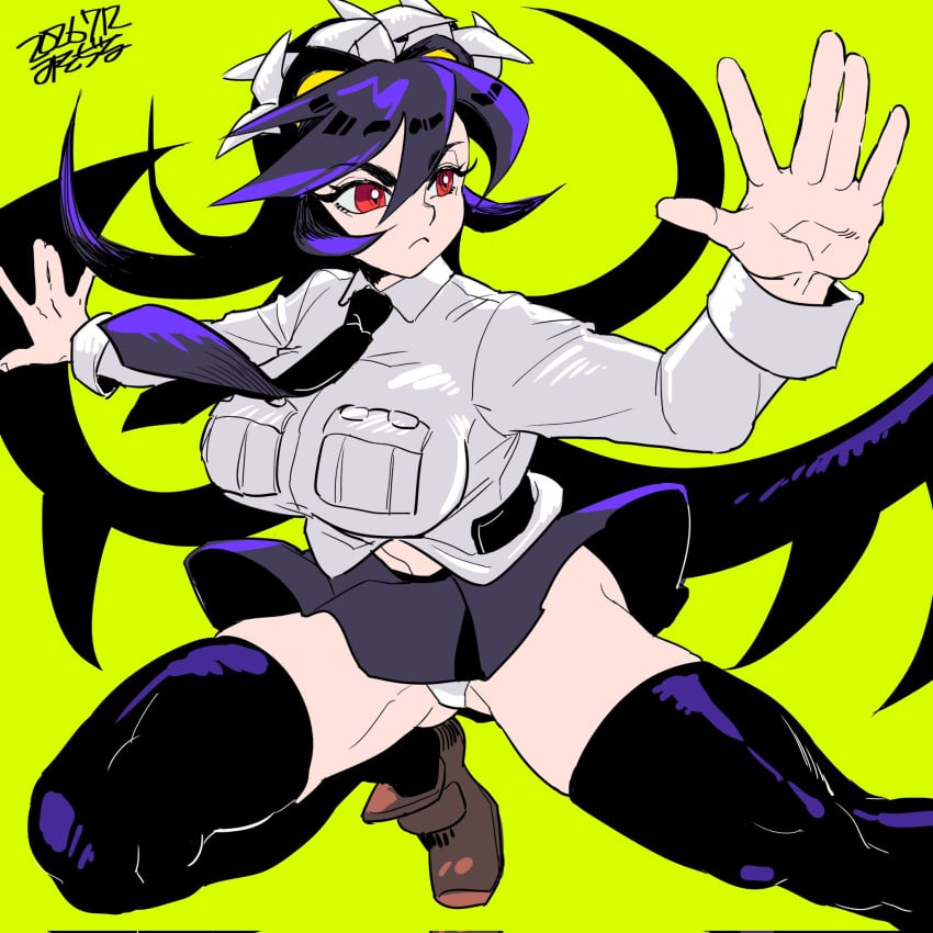 1girls big_breasts black_hair black_thighhighs breasts filia_(skullgirls) large_breasts long_hair misodiru panties pantyshot pantyshot_(standing) red_eyes request samson_(skullgirls) school_uniform schoolgirl skullgirls thick_thighs thighhighs thighs underwear upskirt white_panties white_underwear