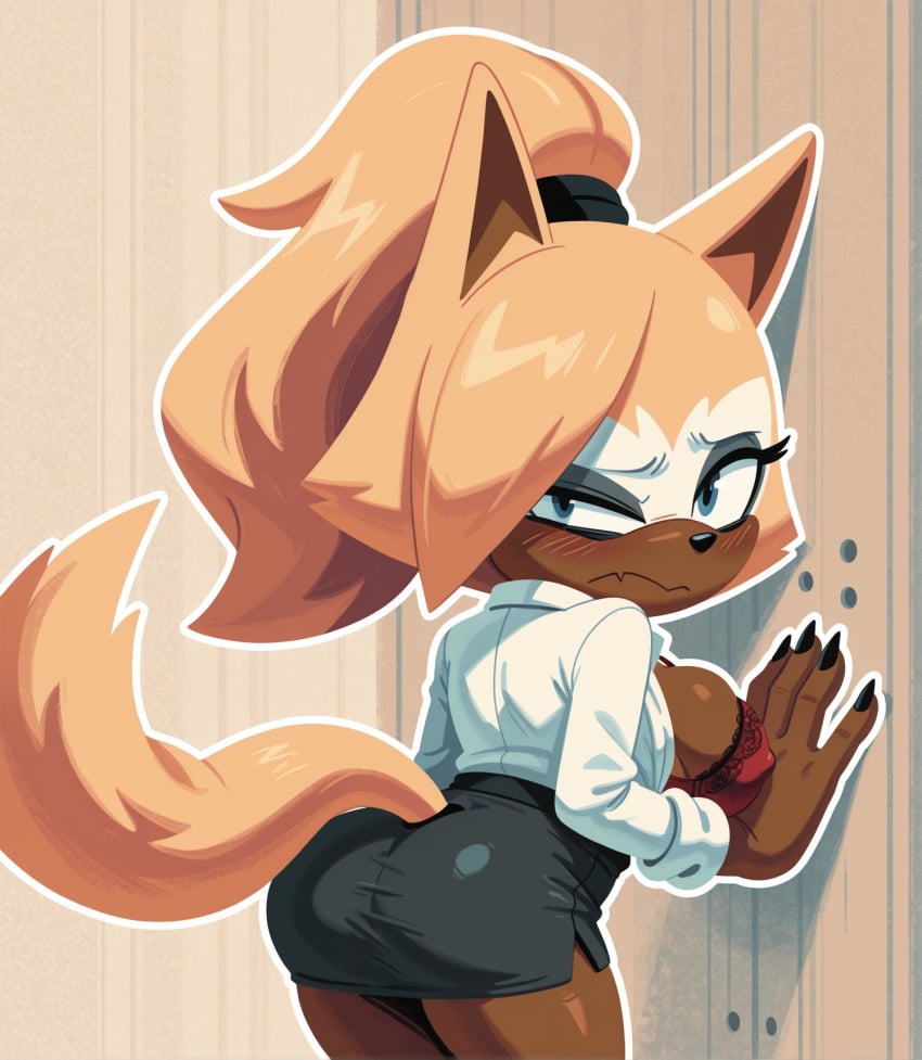 ai_generated blush bra female mobian mobian_(species) mobian_wolf open_shirt sonic_(series) sonic_the_hedgehog_(comics) sonic_the_hedgehog_(series) whisper_the_wolf