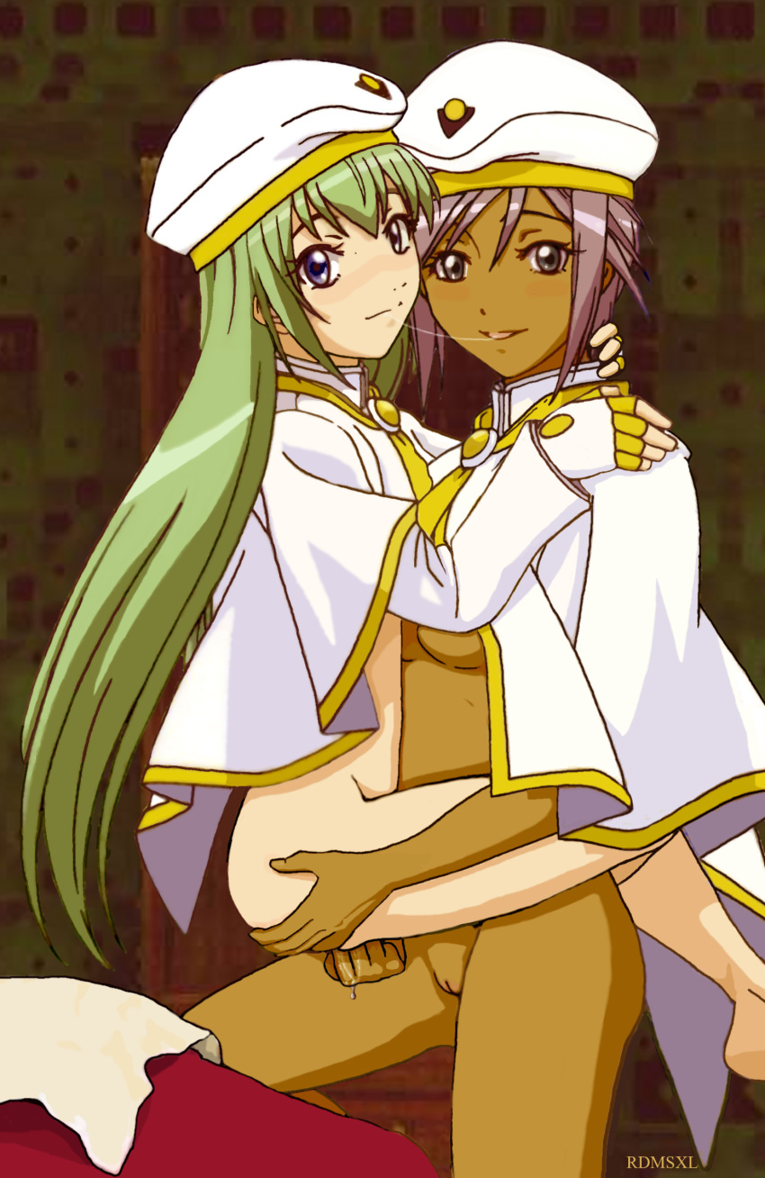 2girls alice_carroll_(aria) aria_(series) athena_glory_(aria) bangs breasts brown_skin close-up clothing dark-skinned_female dark_skin fat_mons female female_only fingering green_hair human human_only looking_at_viewer lowres multiple_girls pale-skinned_female pale_skin photoshop purple_skin pussy pussy_juice pussy_juice_drip saliva saliva_trail thighs yuri