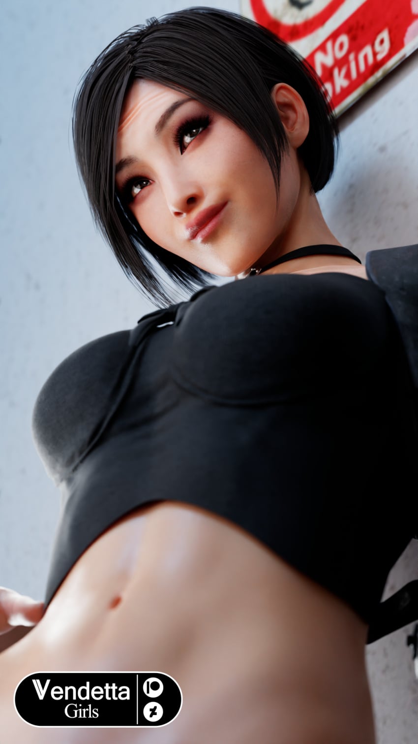 1girls 3d abs ada_wong artist_logo artist_name black_hair black_topwear brown_eyes busty capcom choker female female_only lingerie navel resident_evil resident_evil_2 resident_evil_2_remake short_hair solo upper_body vendettagirls