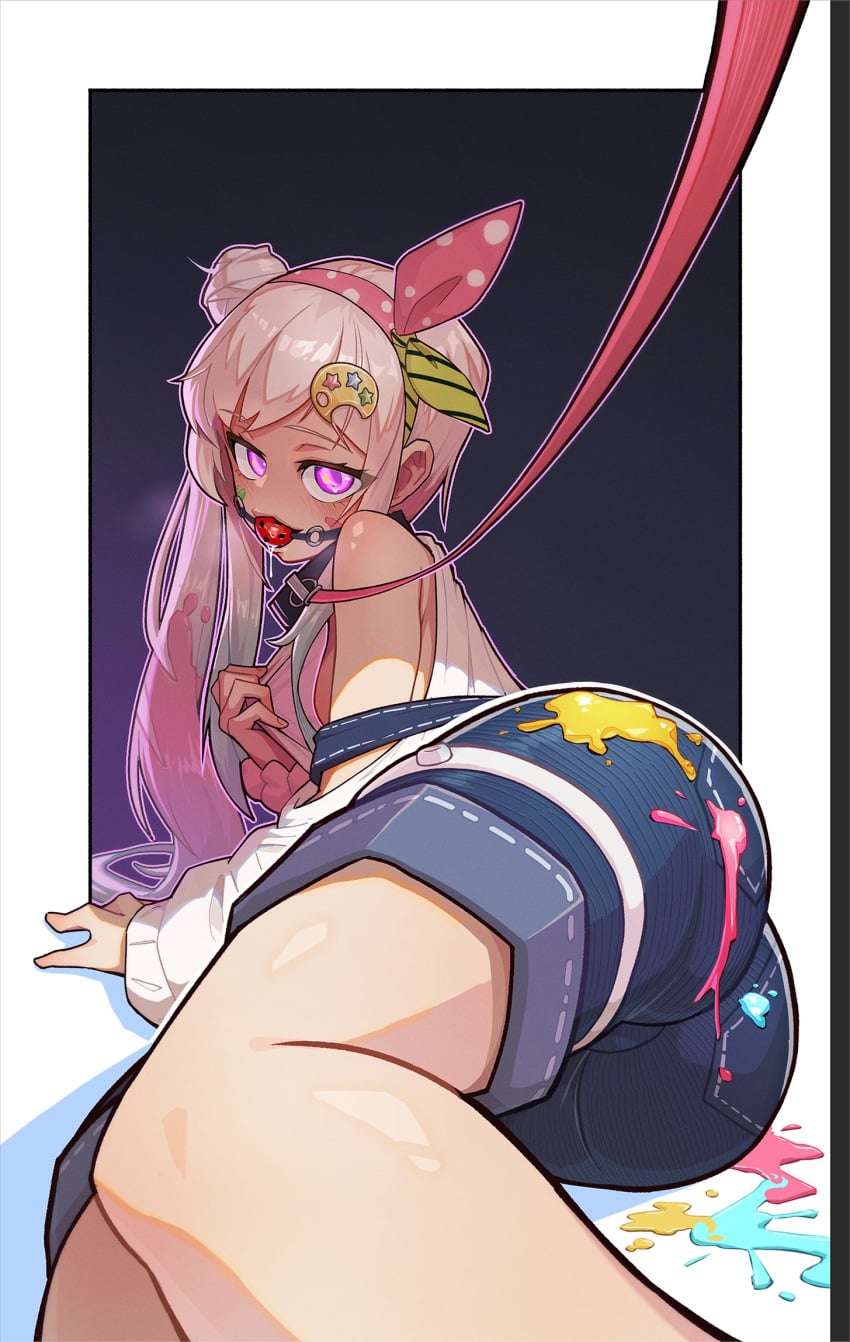1girls airani_iofifteen artist_request ass ball_gag bandana big_ass blush blushing clothed clothed_female collar denim denim_shorts drooling gagged gagged_female hair_bun hand_on_floor headband hololive hololive_indonesia hololive_indonesia_area_15 jean_shorts large_ass leash leash_pov leash_pull legs_together light-skinned_female light_skin long_hair long_sleeves looking_at_viewer lugiavn94 overalls paint paint_on_ass paint_on_clothes paint_on_face paint_on_hair paint_splatter palette_(object) pockets pov pulling_shirt purple_eyes seductive seductive_look shirt shirt_pull shorts simple_background spit virtual_youtuber white_hair