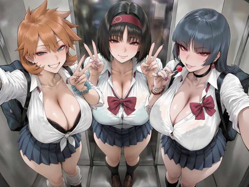 3girls ai_generated bag bangs black_bra black_choker black_clothes black_hair black_legwear black_socks black_underwear blue_bra blue_eyes blue_nails blue_skirt blue_underwear blunt_bangs blush bow bowtie bra bra_visible_through_clothes bracelet breasts brown_footwear brown_hair busty button_gap candy choker cleavage closed_mouth clothing collared_shirt doorway double_v earrings erika_(pokemon) female fingernails flipped_hair food footwear grin group gyaru hairband hands_up headwear holding holding_candy holding_food holding_lollipop holding_object huge_breasts indoors jewelry kasumi_(pokemon) kneehighs kogal landscape large_breasts legwear loafers lollipop long_hair looking_at_viewer loose_socks miniskirt misty_(pokemon) misty_(pokemon_hgss) multiple_girls nail_polish neckwear orange_hair parted_lips pleated_skirt pokemon purple_nails red_bow red_bowtie red_eyes red_hairband red_neckwear sabrina_(pokemon) sabrina_(pokemon_hgss) school_uniform scrunchie see-through see-through_shirt shirt shoes short_hair skirt slip-on_shoes smile socks standing thighs tied_shirt underwear uniform v white_legwear white_shirt white_socks wrist_scrunchie
