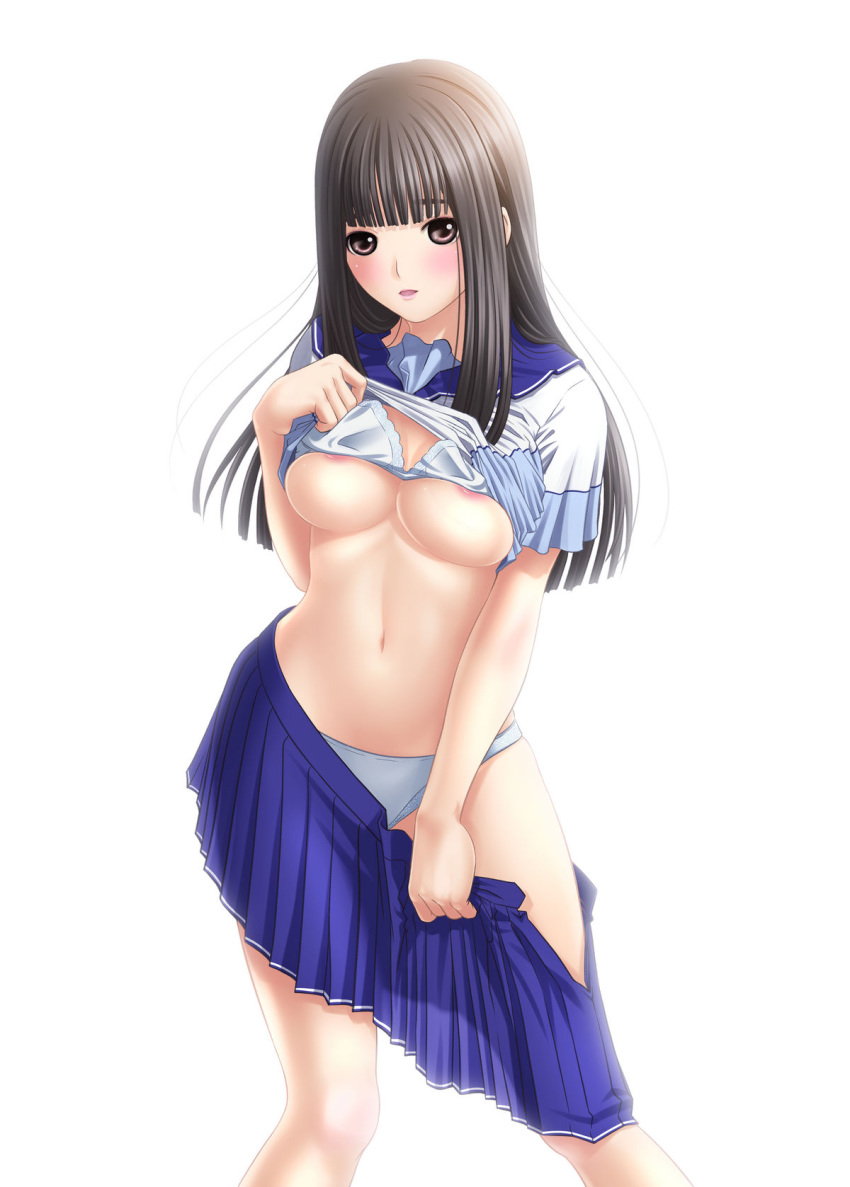 blush bra breasts cleavage female female_only highres human lingerie love_plus nipples panties school_uniform solo takane_manaka underwear