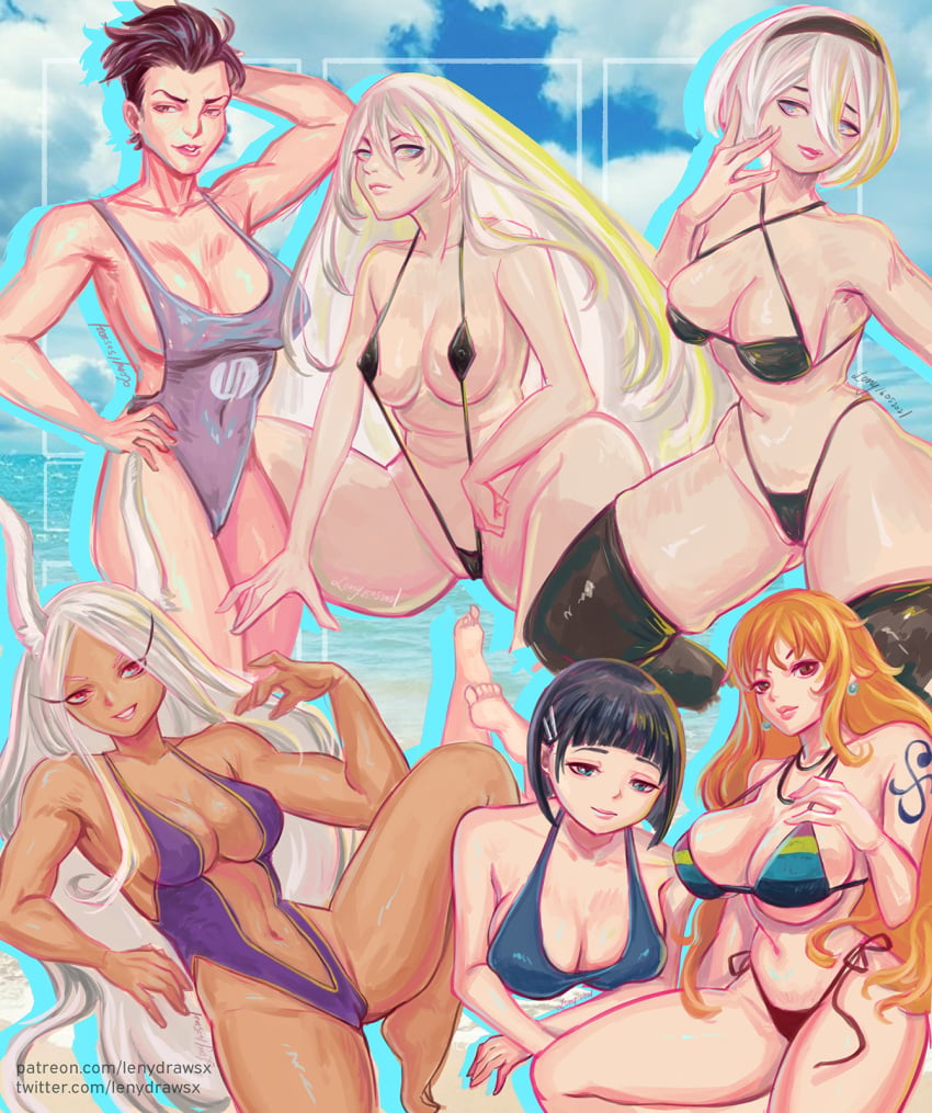 6girls anissa big_breasts bikini black_hair breasts cleavage crossover dark-skinned_female dark_skin eastern_and_western_character female female_only invincible kirigaya_suguha large_breasts lenydrawsx_(artist) long_hair miruko multiple_girls my_hero_academia nami_(one_piece) nier nier:_automata nier_(series) one-piece_swimsuit one_piece orange_hair rabbit_ears rumi_usagiyama swimsuit sword_art_online white_hair yorha_2b yorha_a2