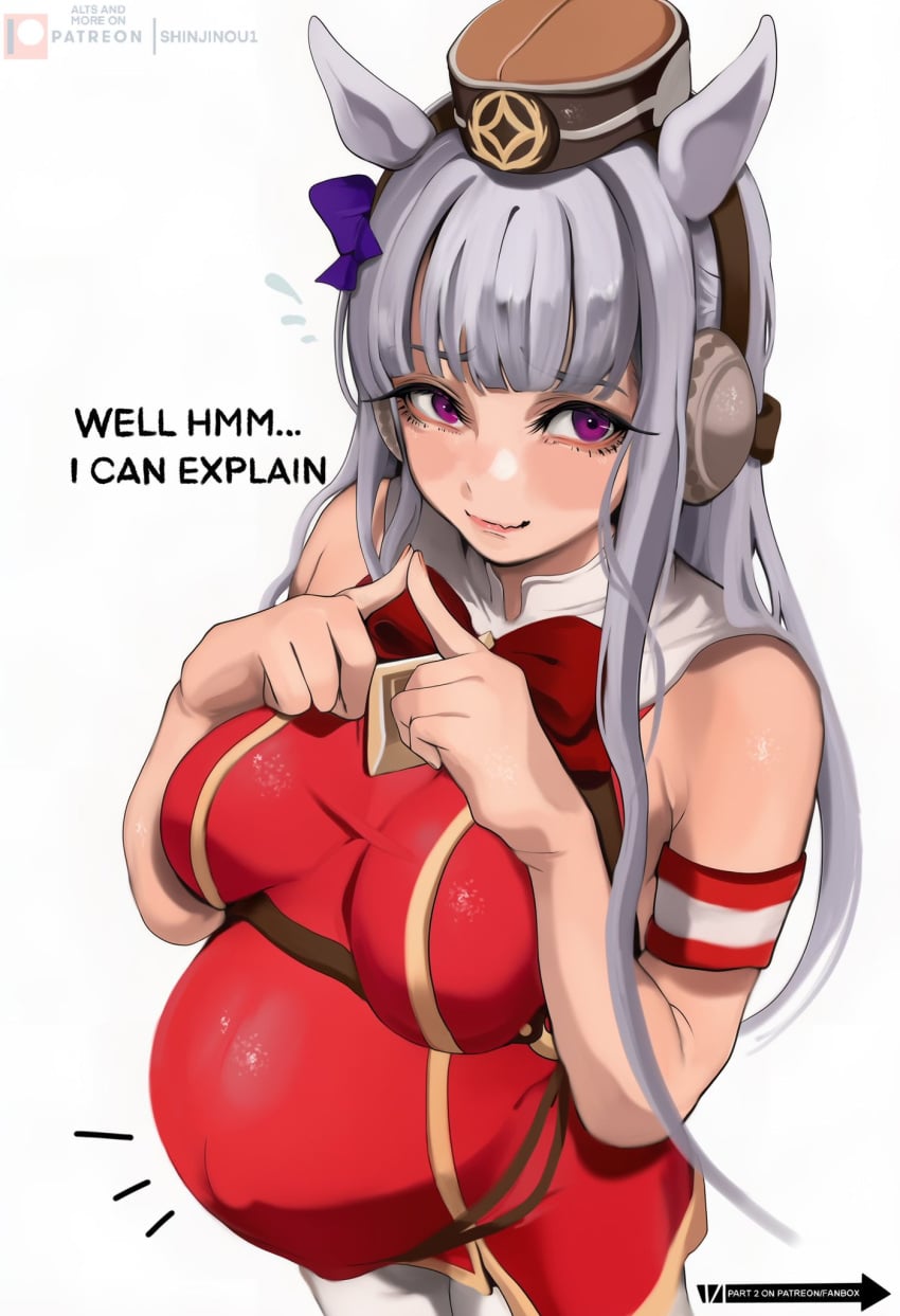 blushing gold_ship_(umamusume) hat horse_ears horse_girl lady_shin looking_at_viewer medium_breasts popped_navel pregnant pregnant_female umamusume umamusume_pretty_derby white_hair