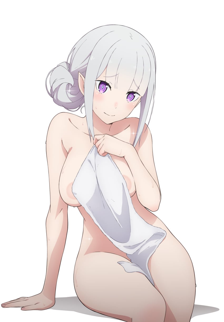 1girls areolae completely_nude_female coro_fae covering_privates elf elf_ears elf_female emilia_(re:zero) hair_bun hips_wider_than_shoulders looking_at_viewer medium_breasts purple_eyes re:zero_kara_hajimeru_isekai_seikatsu sideboob silver_hair sitting solo thick_thighs towel_only wet white_background