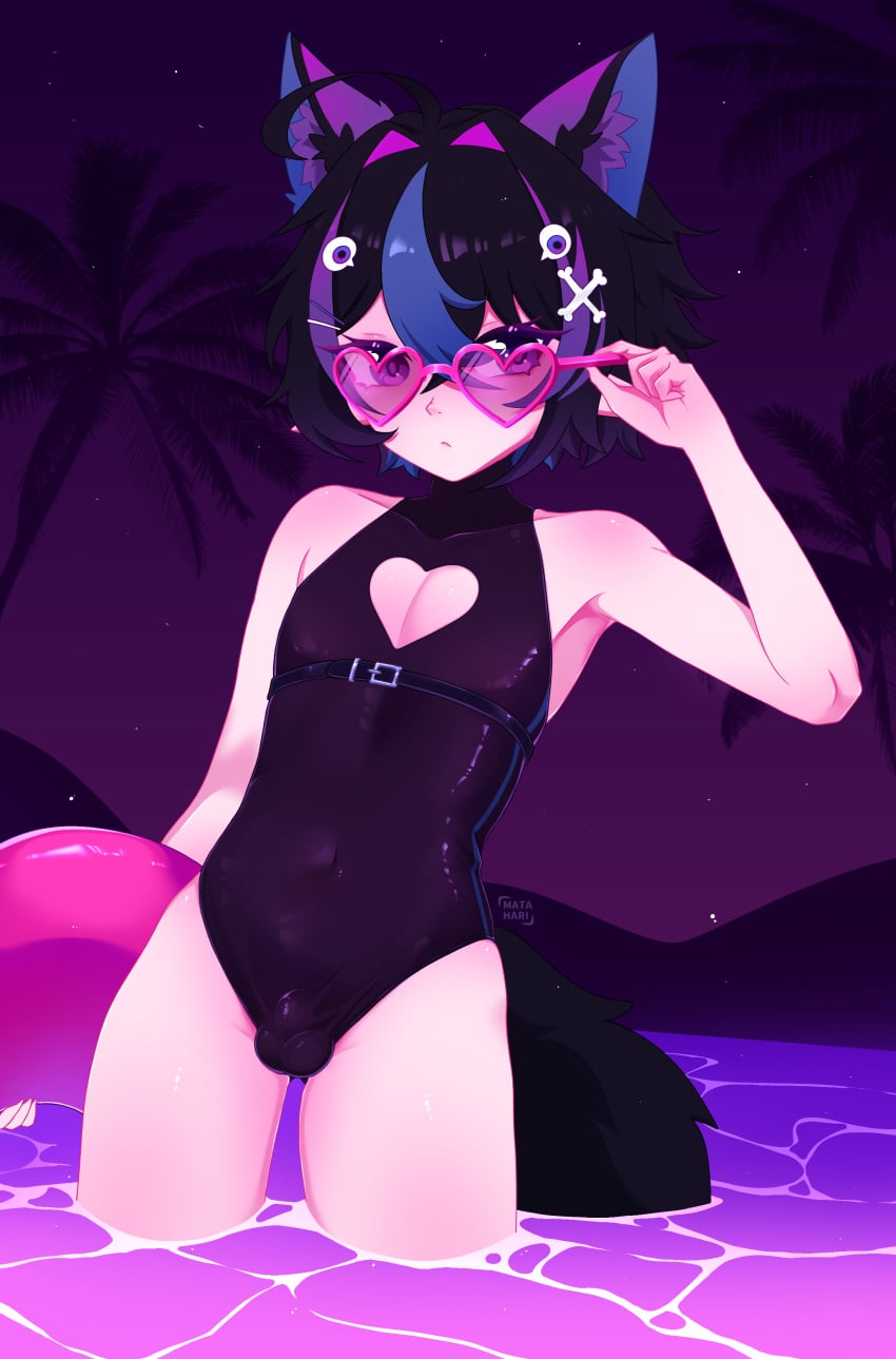 black_swimsuit chastity_cage chastity_device elf_ears femboy flat_chastity_cage heart_sunglasses in_water kemonomimi matahari multicolored_hair oc one-piece_swimsuit original_character small_penis sunglasses swimsuit swimwear wolf_ears wolf_tail zulla