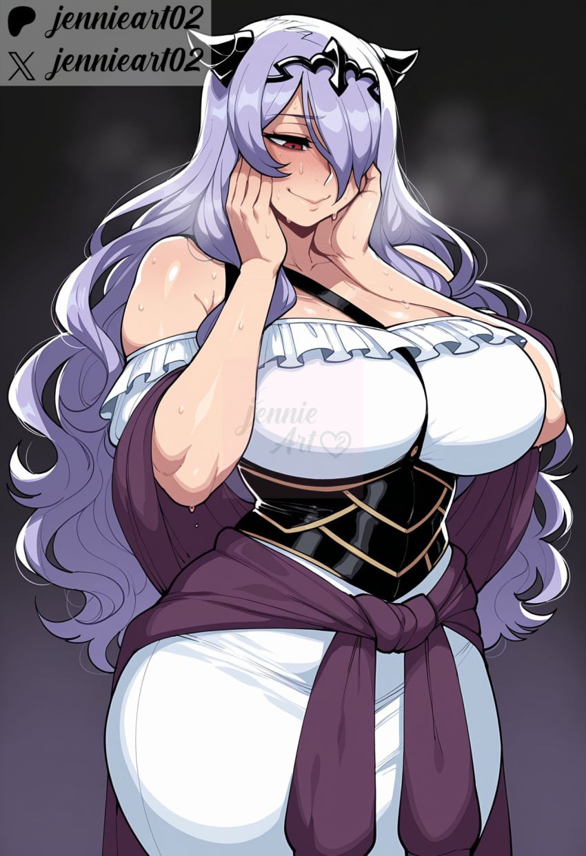 1girl ai_generated artist_name bare_shoulders blush breasts camilla_(fire_emblem) cleavage closed_mouth clothing curvy dress female fire_emblem fire_emblem_if hair_over_one_eye hands_on_own_cheeks hands_on_own_face horns huge_breasts jennieart02 large_breasts long_hair mature_female off-shoulder_dress off_shoulder patreon patreon_logo patreon_username plump purple_hair red_eyes shawl smile solo sweat thick_thighs thighs tiara twitter twitter_username very_long_hair watermark wavy_hair white_dress wide_hips