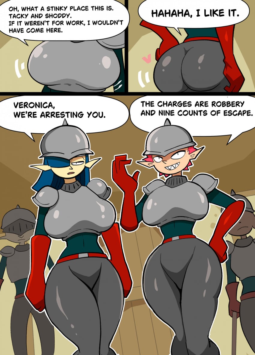 2girls armor ass bluebirdoasis breasts character_request comic elf female tagme