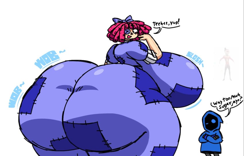 1boy1girl 2026 ass_bigger_than_head ass_focus big_breasts blue_dress breasts_bigger_than_head button_eyes dialogue doll doll_girl gutka huge_ass huge_breasts hyper_ass large_thighs light_skin looking_back ragatha ragatha_(tadc) ragatha_(the_amazing_digital_circus) red_hair slosh sloshing_breasts tadc the_amazing_digital_circus thick_thighs thighs white_background wobble wobbling_ass