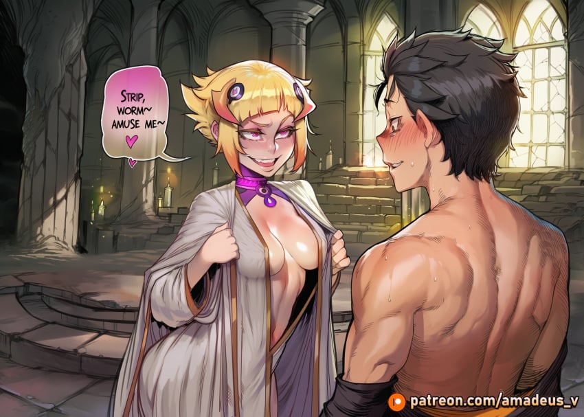 1boy 1girl ai_generated altar amadeus_v black_eyes black_hair blonde_hair blush candlelight capella_emerada_lugunica cathedral curvy dragon_horns facing_another grin large_breasts looking_at_another messy_hair natsuki_subaru open_mouth re:zero_kara_hajimeru_isekai_seikatsu robe shirtless short_hair stained_glass standing undressing witch yellow_eyes