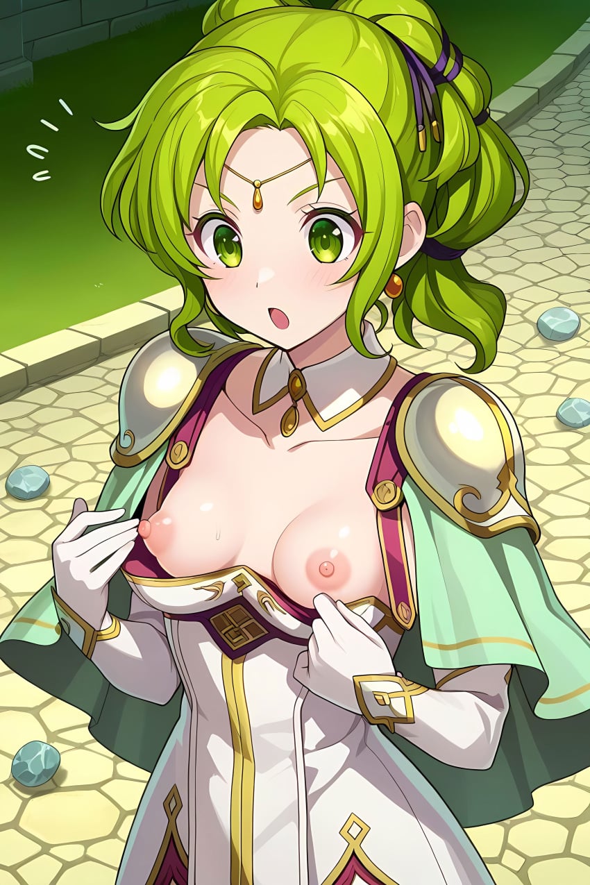 ai_generated breasts downblouse dress exposed_breasts fire_emblem fire_emblem:_the_sacred_stones green_hair l'arachel_(fire_emblem) pinku.ai puffy_nipples pulling_clothing shocked small_breasts wardrobe_malfunction