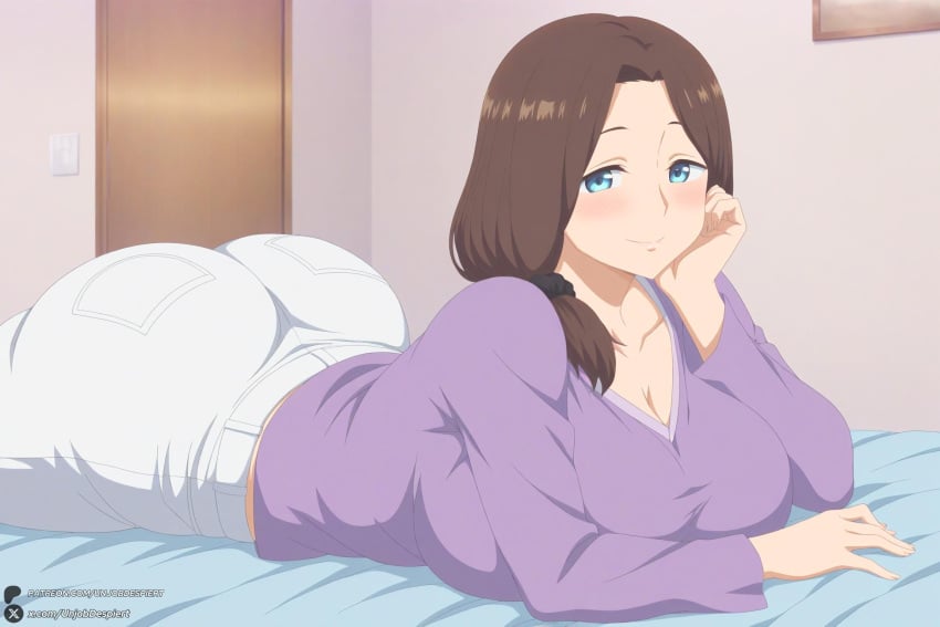1female 1girl 1girls 2026 ai-chan's_mother_(tawawa) ai_generated artist_name ass bed big_ass big_breasts blue_eyes blush breasts brown_hair cleavage collarbone curvy getsuyoubi_no_tawawa hair_over_shoulder hand_on_own_cheek hand_on_own_face hi_res high_quality high_resolution highres huge_ass huge_breasts indoors large_breasts long_hair long_sleeves looking_at_viewer lying mature_female on_bed on_stomach pants patreon patreon_username purple_shirt scrunchie shirt smile solo unjobdespiert watermark web_address white_pants