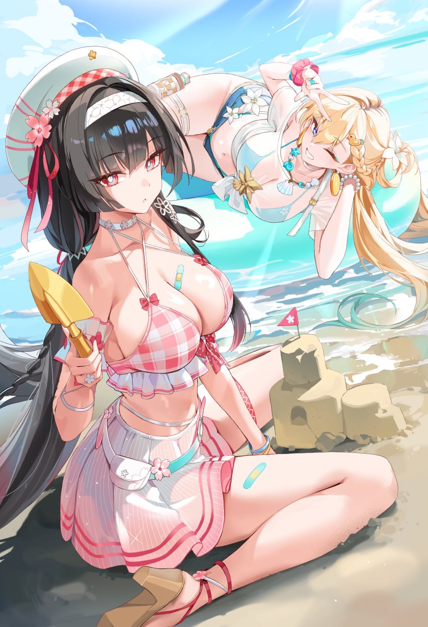 beach black_hair blonde blonde-haired_female blonde_female blonde_hair chisa_(wuthering_waves) female long_hair lynae_(wuthering_waves) medium_breasts official_alternate_costume pink_swimsuit purple_eyes red_eyes see-through_clothing see-through_swimsuit sitting swimsuit wuthering_waves