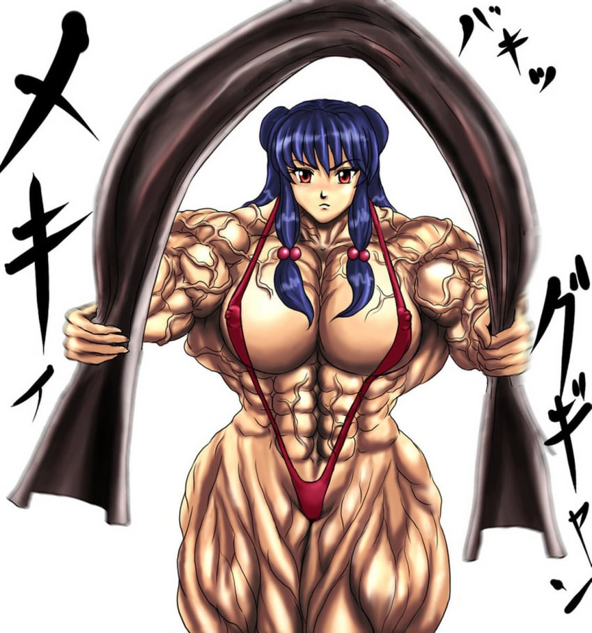 abs bend bending blue_hair extreme_muscles extreme_veins female female_only human muscles muscular_female ranma_1/2 red_eyes s20k00y shampoo_(ranma_1/2) sling_bikini solo swimsuit veins