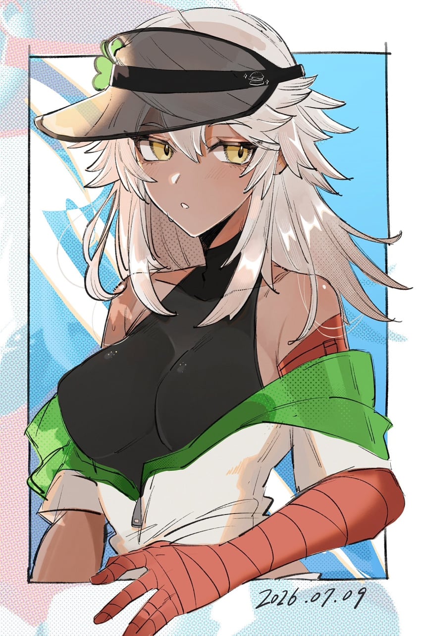 1girls arm_bandages armwear bandaged_arm breasts cap female female_focus female_only guilty_gear guilty_gear_strive nipple_bulge ramlethal_valentine tagme tan_skin tanned tanned_female tanned_skin white_hair yellow_eyes