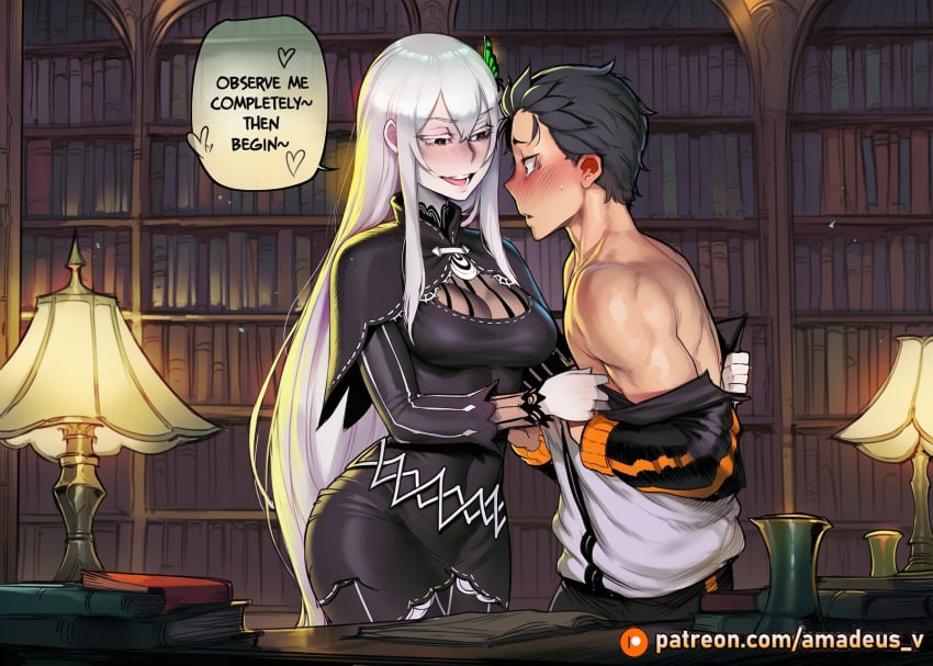 1boy 1girl ai_generated amadeus_v black_eyes black_hair blush candelabra dress echidna_(re:zero) facing_another floating_book library looking_at_another medium_breasts messy_hair mole_under_eye natsuki_subaru open_mouth pale_skin re:zero_kara_hajimeru_isekai_seikatsu shirtless smile standing tea_set undressing very_long_hair white_dress white_hair witch