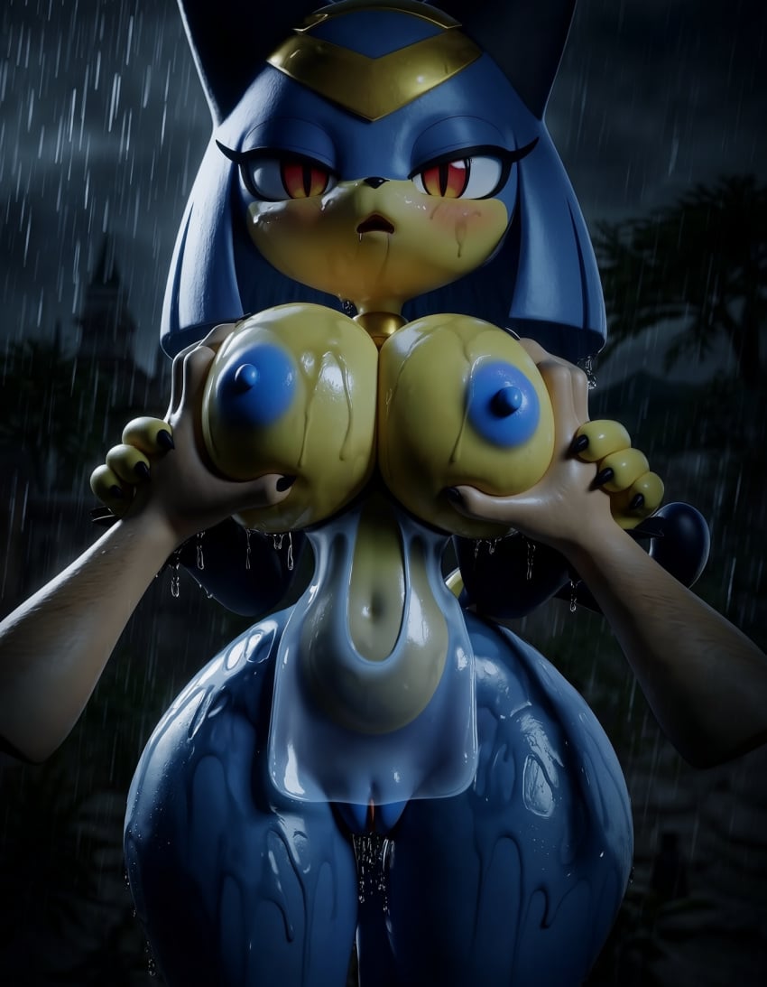 ai_generated blue_nipples breast_grab cat_ears catgirl nude palworld rainy sekhmet_(pal) tail vagina wet_skin