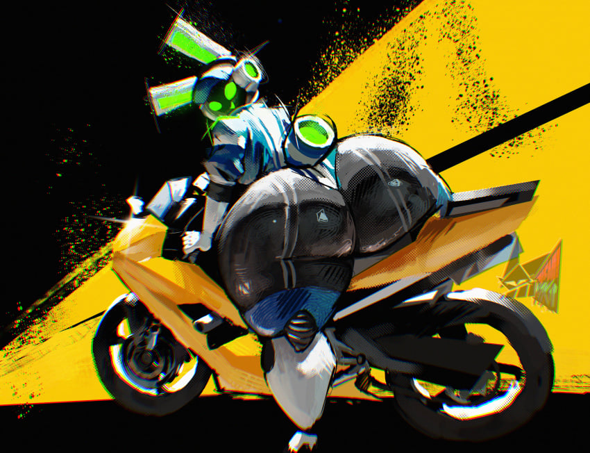 1girls ass big_ass curvy female green_eyes huge_ass looking_at_viewer motorcycle nemiyakii project_turboblast rabbit_ears robot shortstack solo tempo_(project_turboblast) thick_thighs voluptuous wide_hips