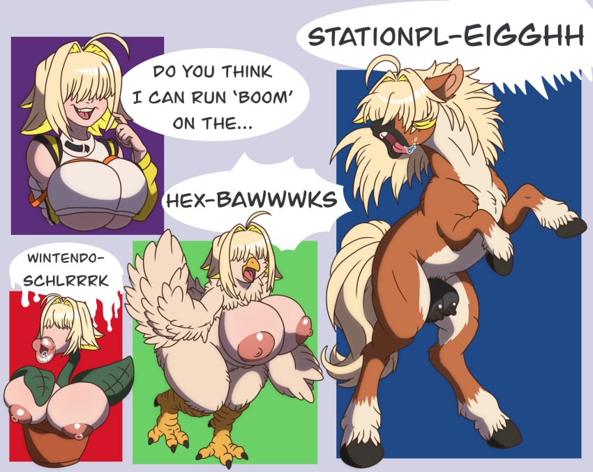 1girls :>= animalization big_breasts big_lips big_lips_no_eyes breasts chicken chicken_girl clever_censor elegg_(nikke) expansion female female_only fuckplant goddess_of_victory:_nikke horse horse_girl horse_tail huge_breasts large_breasts long_lips plant plant_girl potted_plant sketchyseraph species_transformation succplant suck_and_fuck suckplant transformation wings