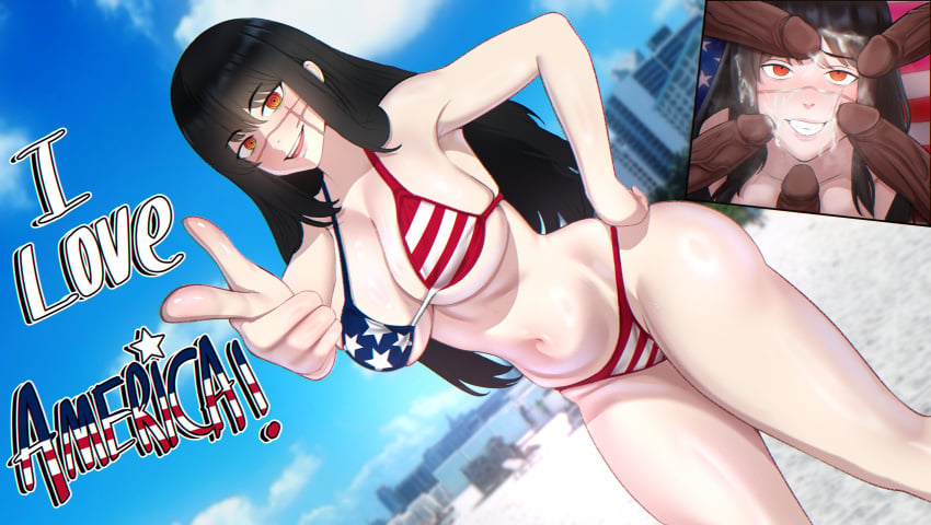 1girls 4th_of_july 5boys absurd_res american_flag_bikini bikini black_hair chainsaw_man cum cum_on_face dark-skinned_male english_text hand_on_hip kanikamidesu large_penis light-skinned_female long_hair multiple_penises penis_awe veiny_penis yoru_(chainsaw_man)